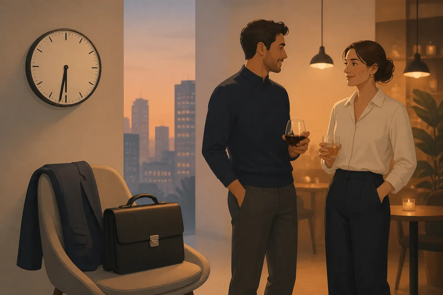 Afterwork : deux collègues détendus, horloge 18h30, veste et mallette sur une chaise, ambiance bureau-café
