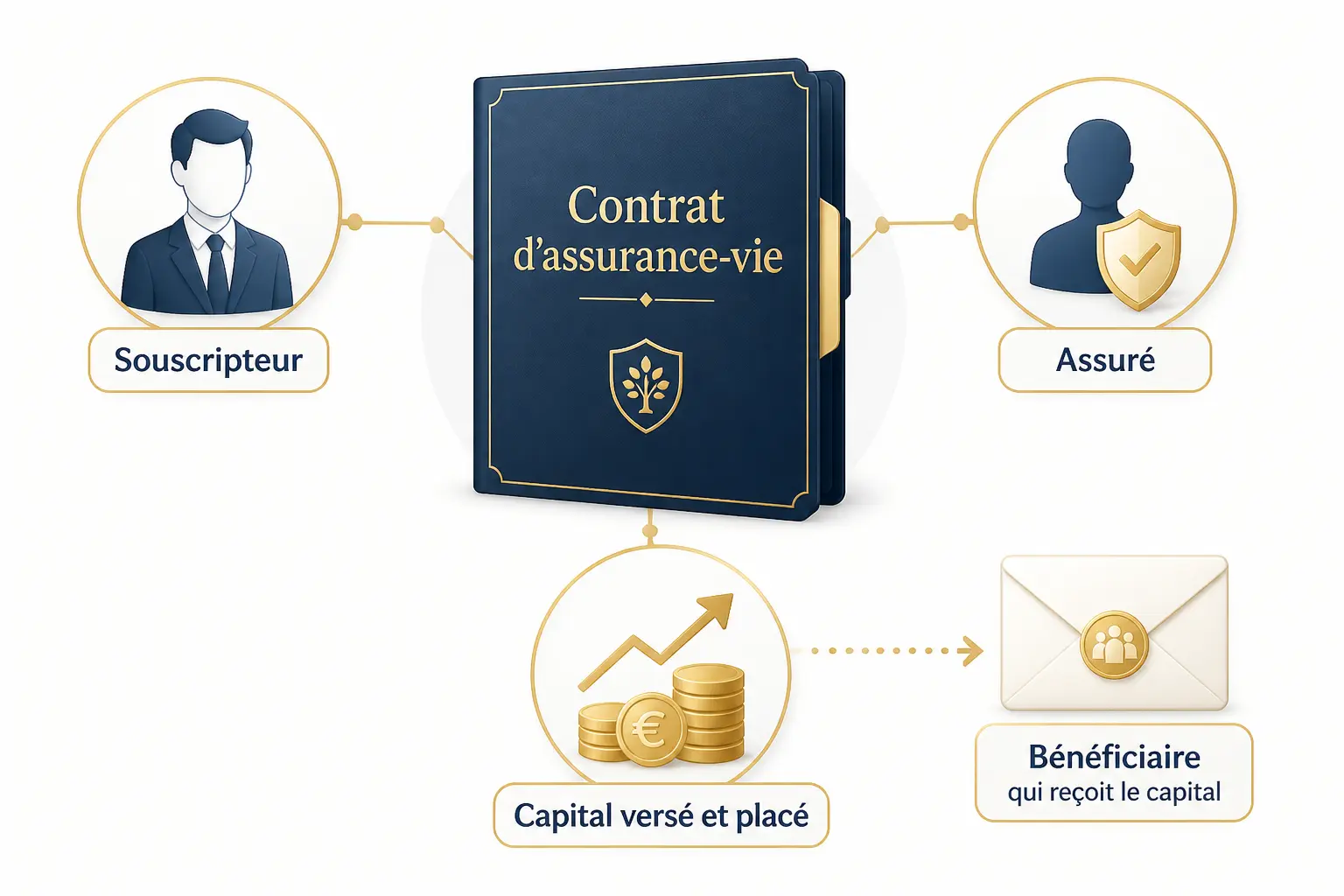 Assurance vie expliquée aux nuls : schéma du contrat, souscripteur, assuré, capital placé et bénéficiaire