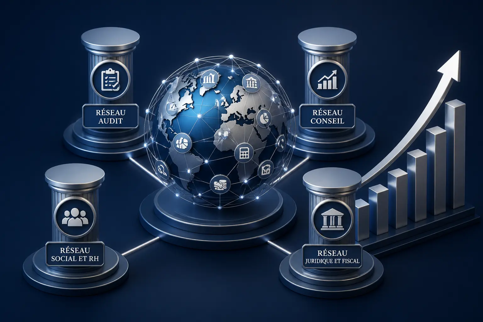 Globe financier central et quatre piliers illustrant le big four, avec flèche de classement ascendante.