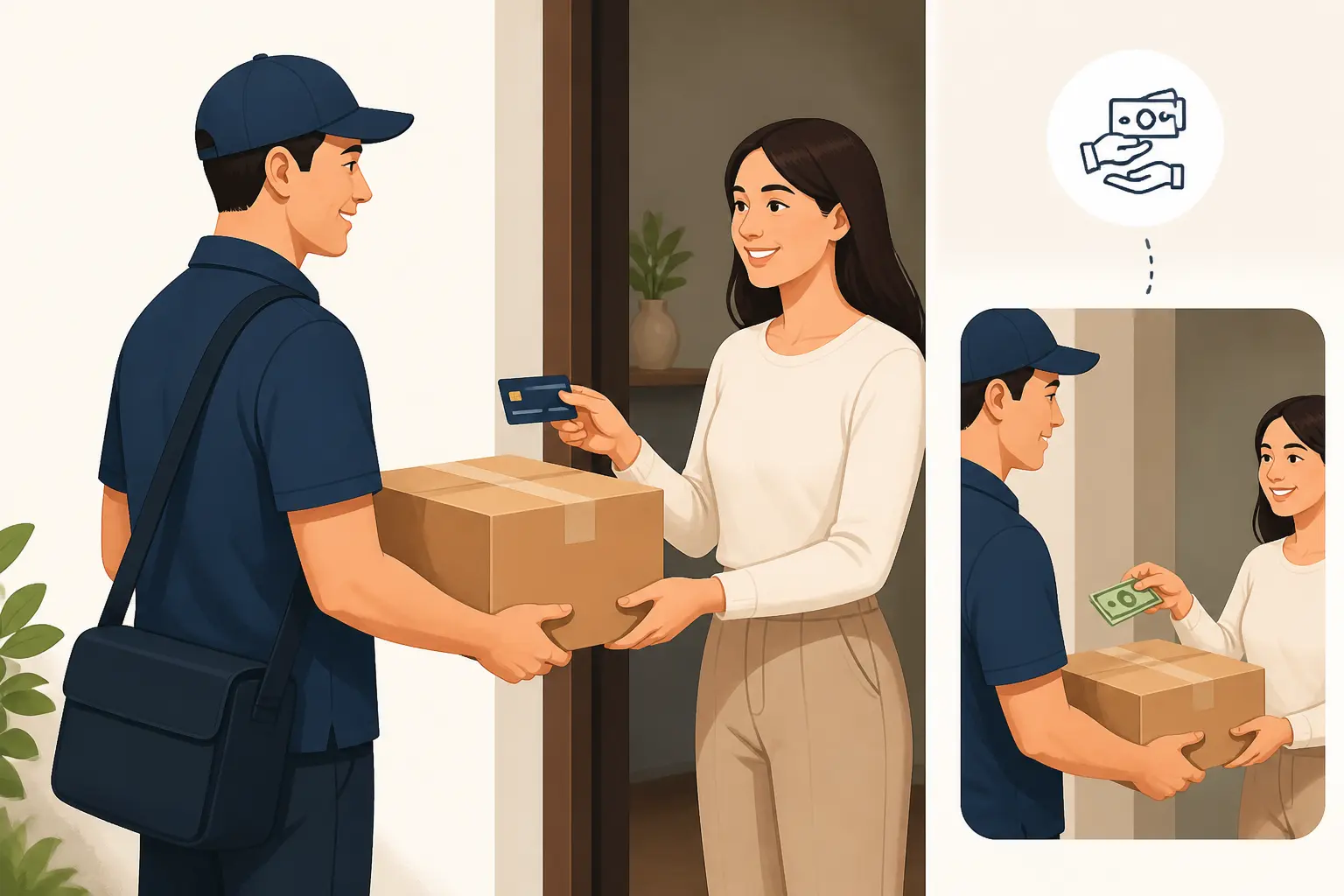 Cash on delivery : un livreur remet un colis au client qui paie à la livraison, avec contre-remboursement.