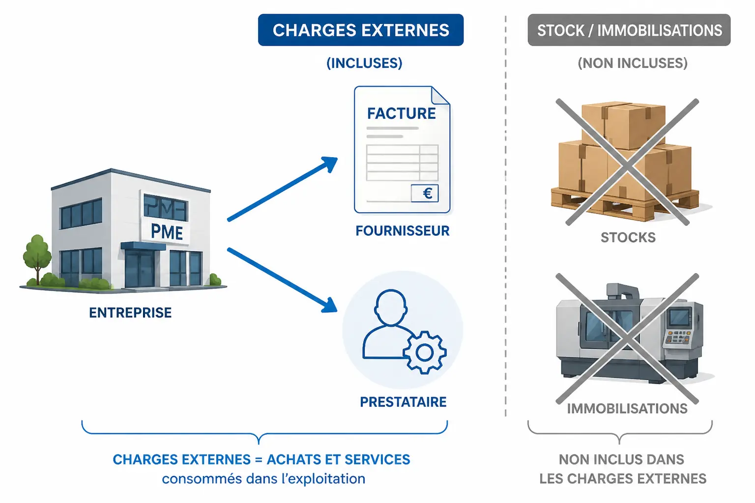 Schéma des charges externes : PME, facture fournisseur et prestataire, hors stocks et immobilisations.