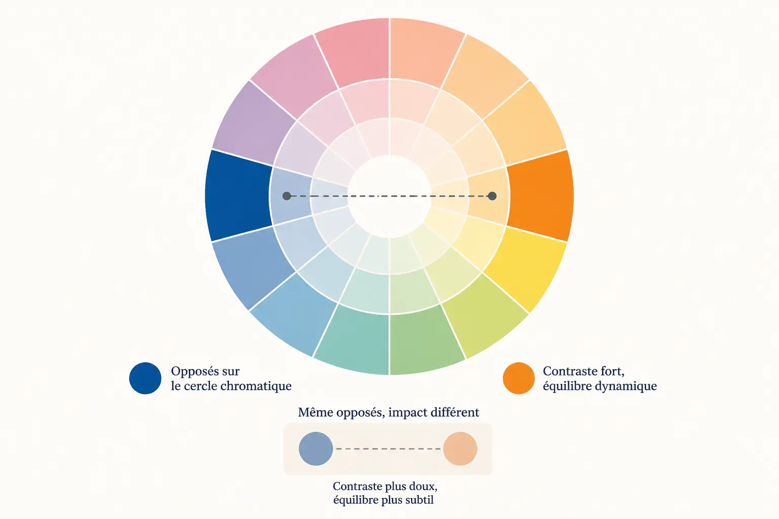 Couleurs complémentaires : roue chromatique avec bleu profond et orange chaud, plus un duo désaturé plus doux.