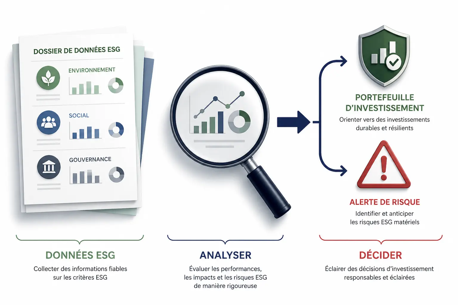 Devenir analyste ESG : schéma du rôle, des données ESG analysées vers décision d’investissement et alerte risque.