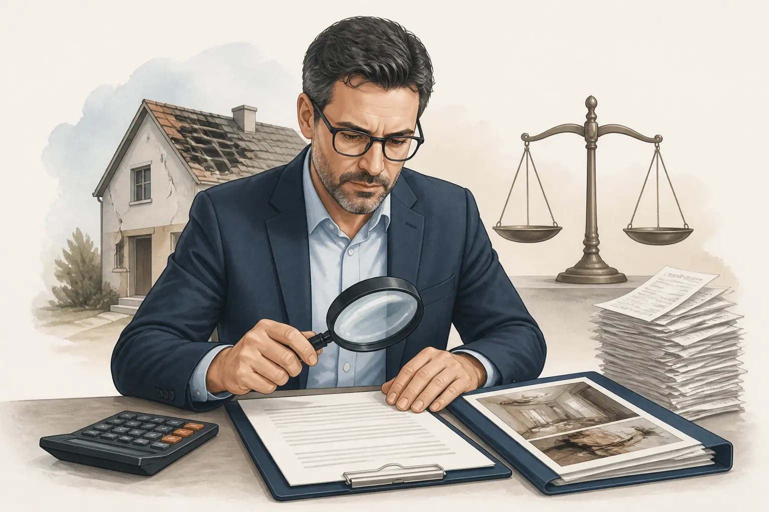 Expert d’assuré examinant un dossier de sinistre habitation avec contrat, calculatrice et preuves.