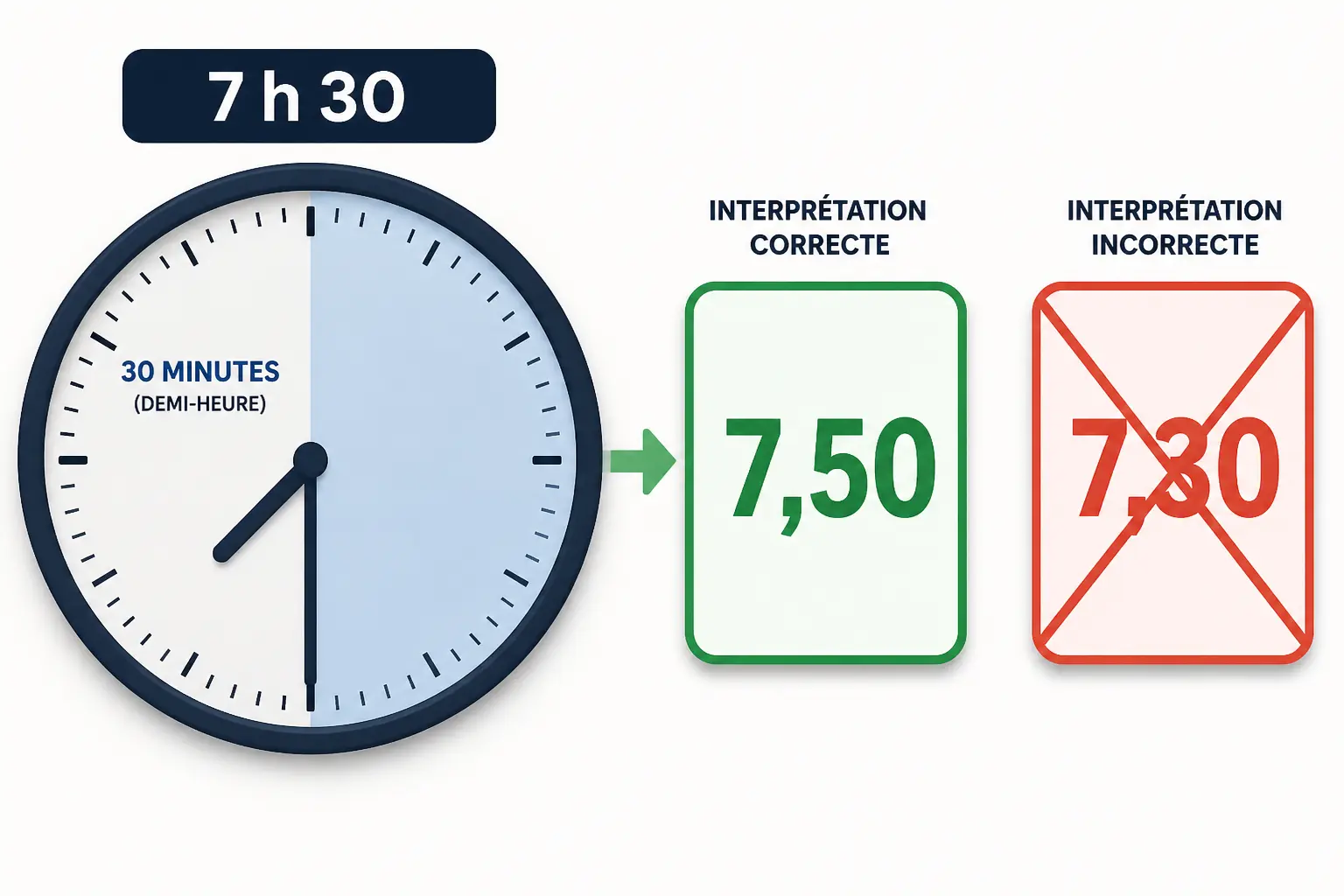 Heure centieme : horloge, carte 7,50 correcte, 7,30 barré et flèche de conversion.