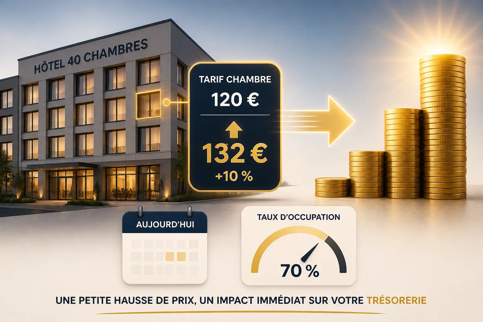 Investir hôtellerie : façade d’un hôtel 40 chambres, hausse du tarif, cash flow et pièces en croissance.