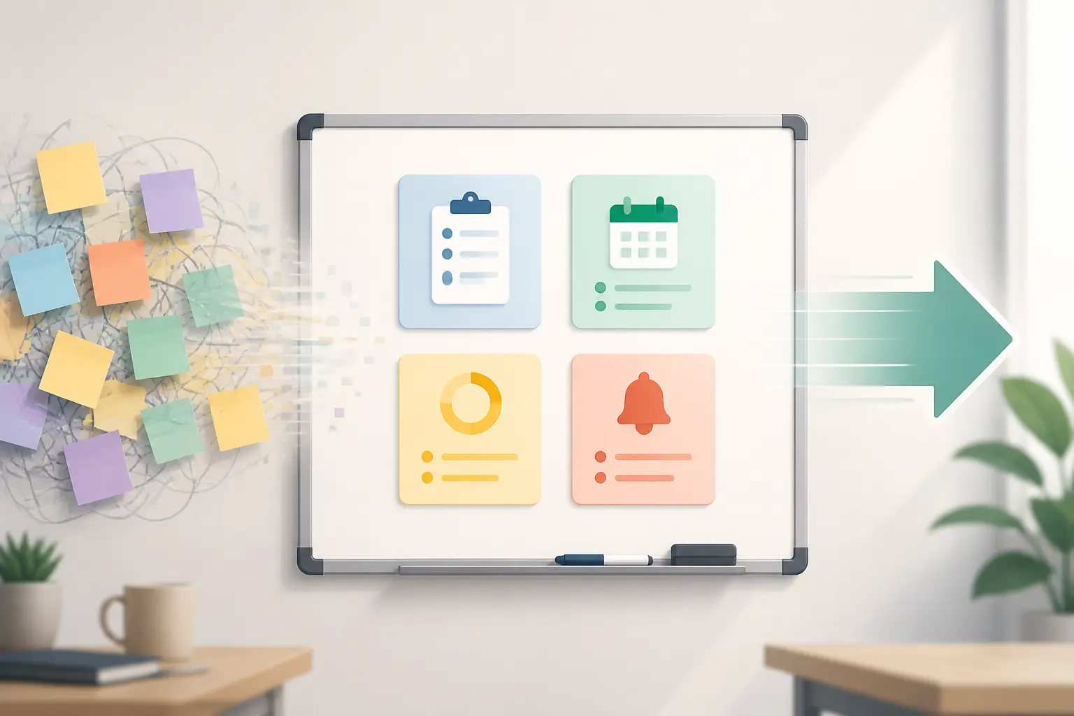 Management visuel : tableau central clarifiant tâches, délais, statuts et alertes, avec notes brouillées qui disparaissent.