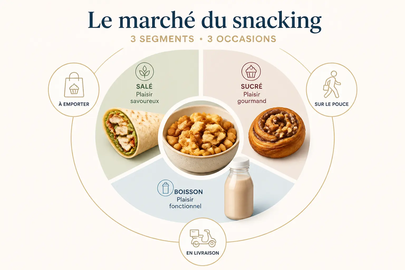 Marché du snacking : bol central, wrap salé, pâtisserie sucrée et boisson protéinée, avec takeaway, on-the-go et livraison.