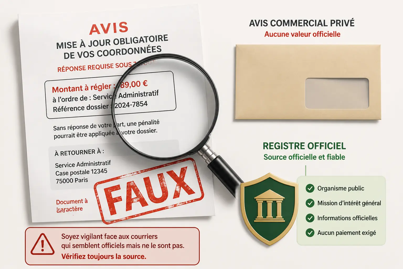 Lettre suspecte marquée faux, enveloppe privée et bouclier du registre des sociétés européennes, loupe