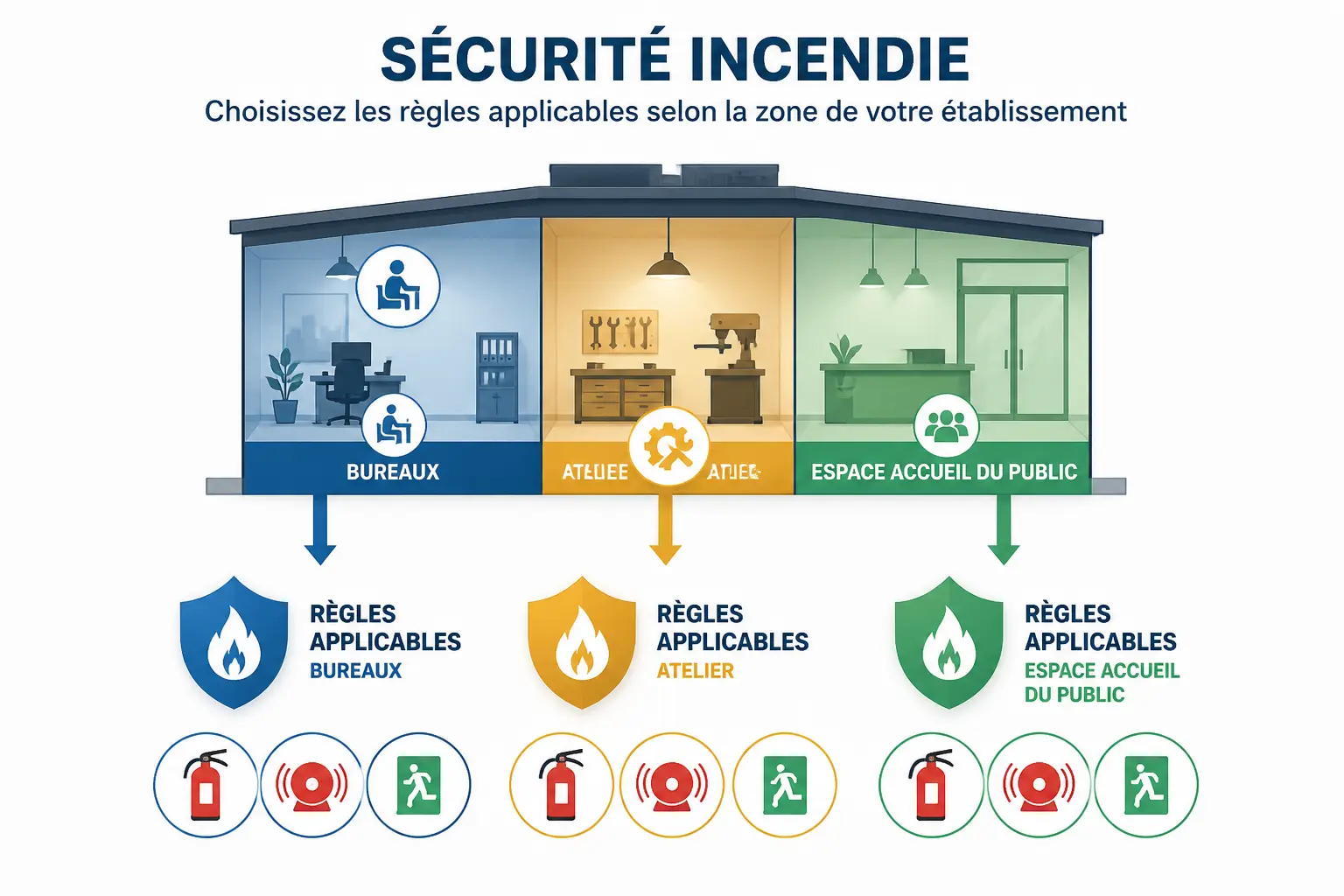 Sécurité incendie entreprise : schéma des obligations selon bureau, atelier et zone d’accueil, avec règles et actions clés.