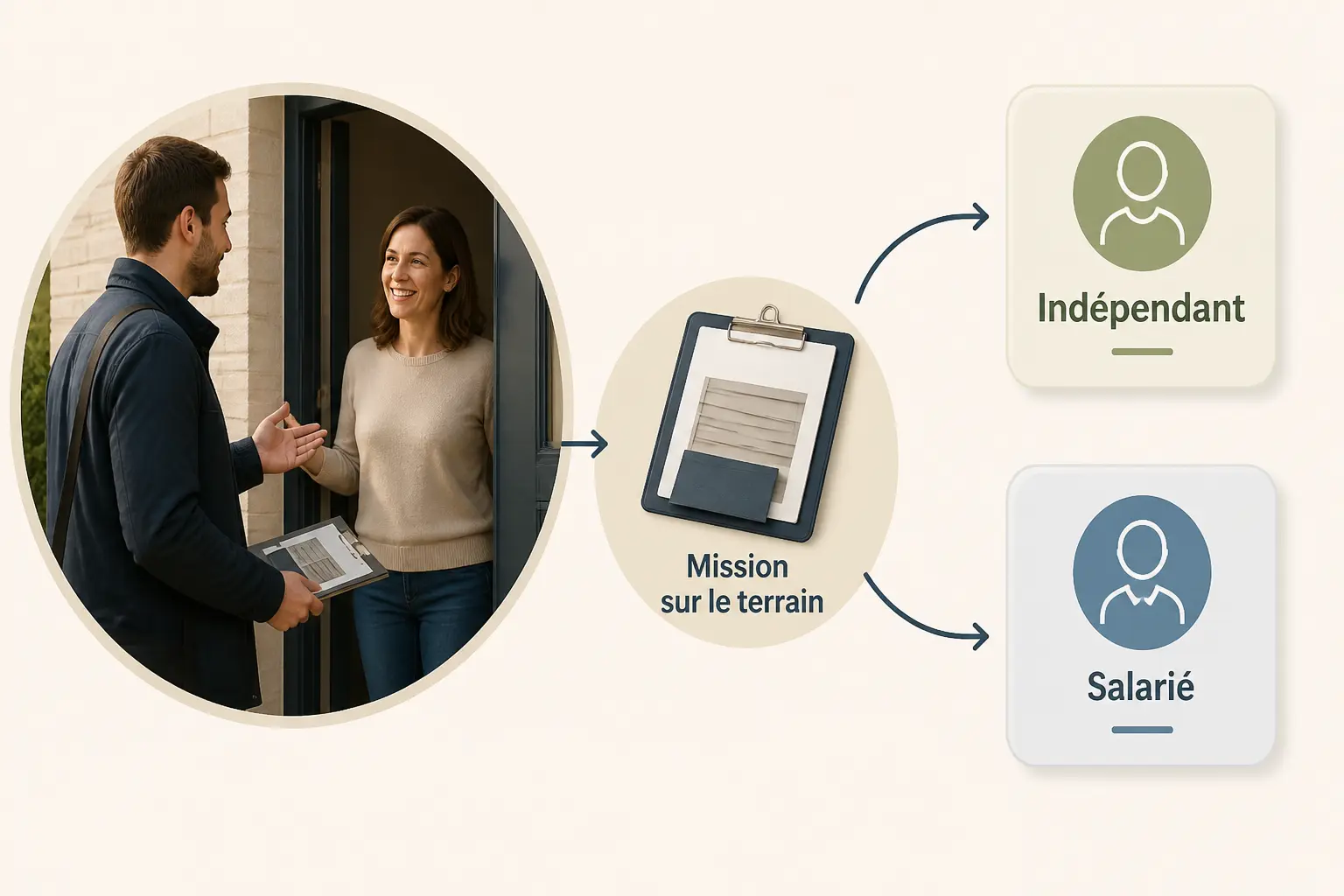 Vendeur porte a porte à une entrée, avec clipboard et statuts Indépendant et Salarié
