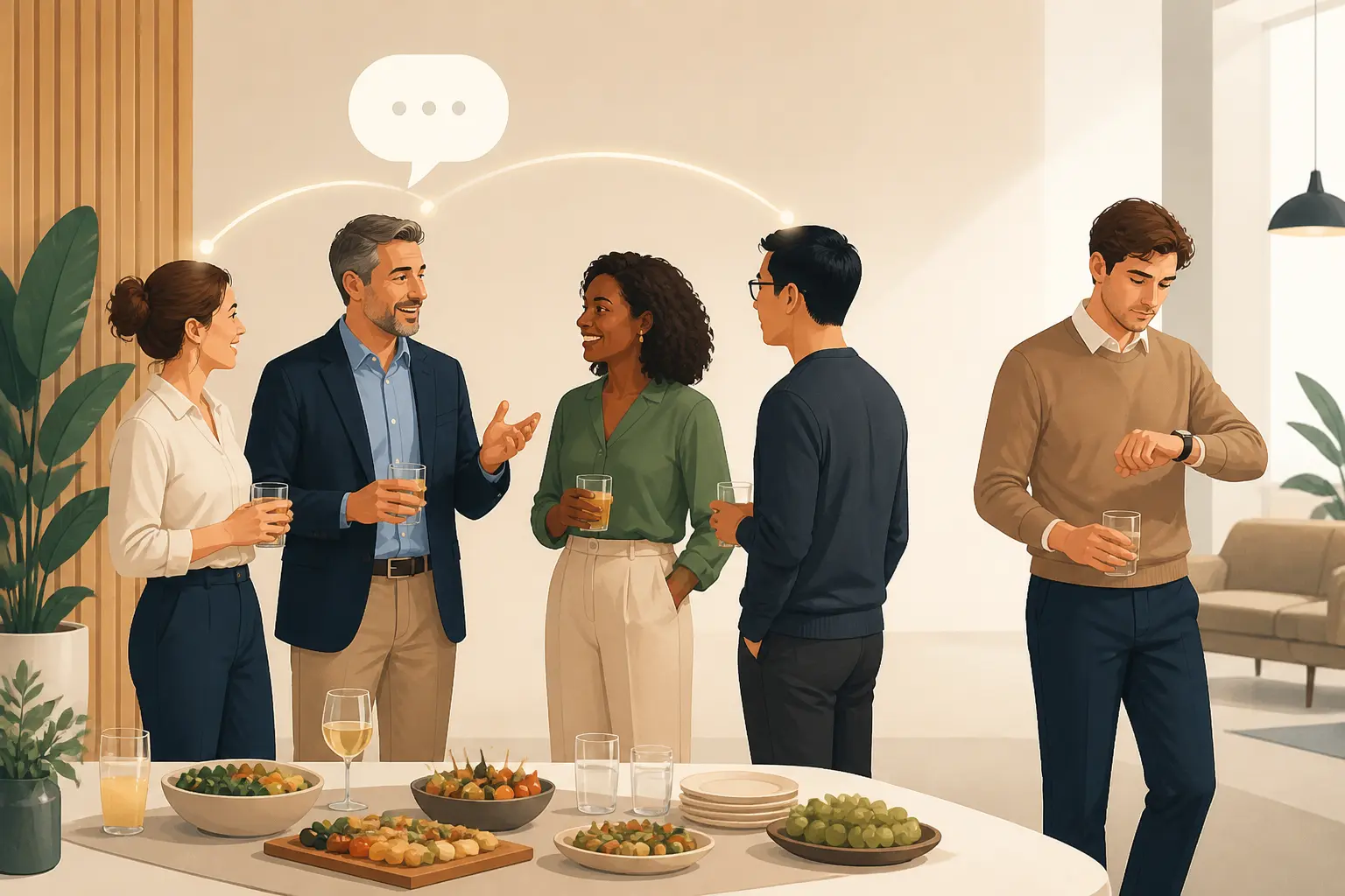 Afterwork en entreprise : quatre collègues échangent autour d’un buffet, un autre reste à l’écart.