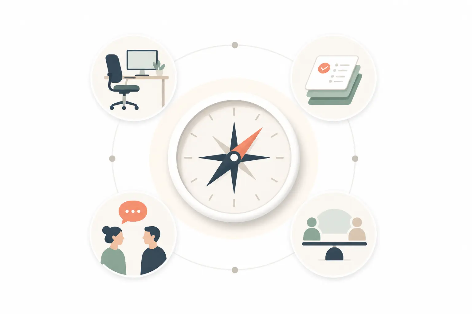 Ateliers QVT : boussole du bien-être au travail entourée d’icônes ergonomie, charge, dialogue et équilibre