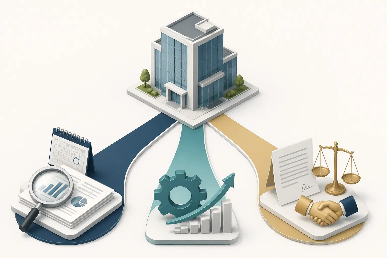 Illustration isométrique des métiers du big four : audit, conseil et fiscalité autour d’un siège central.