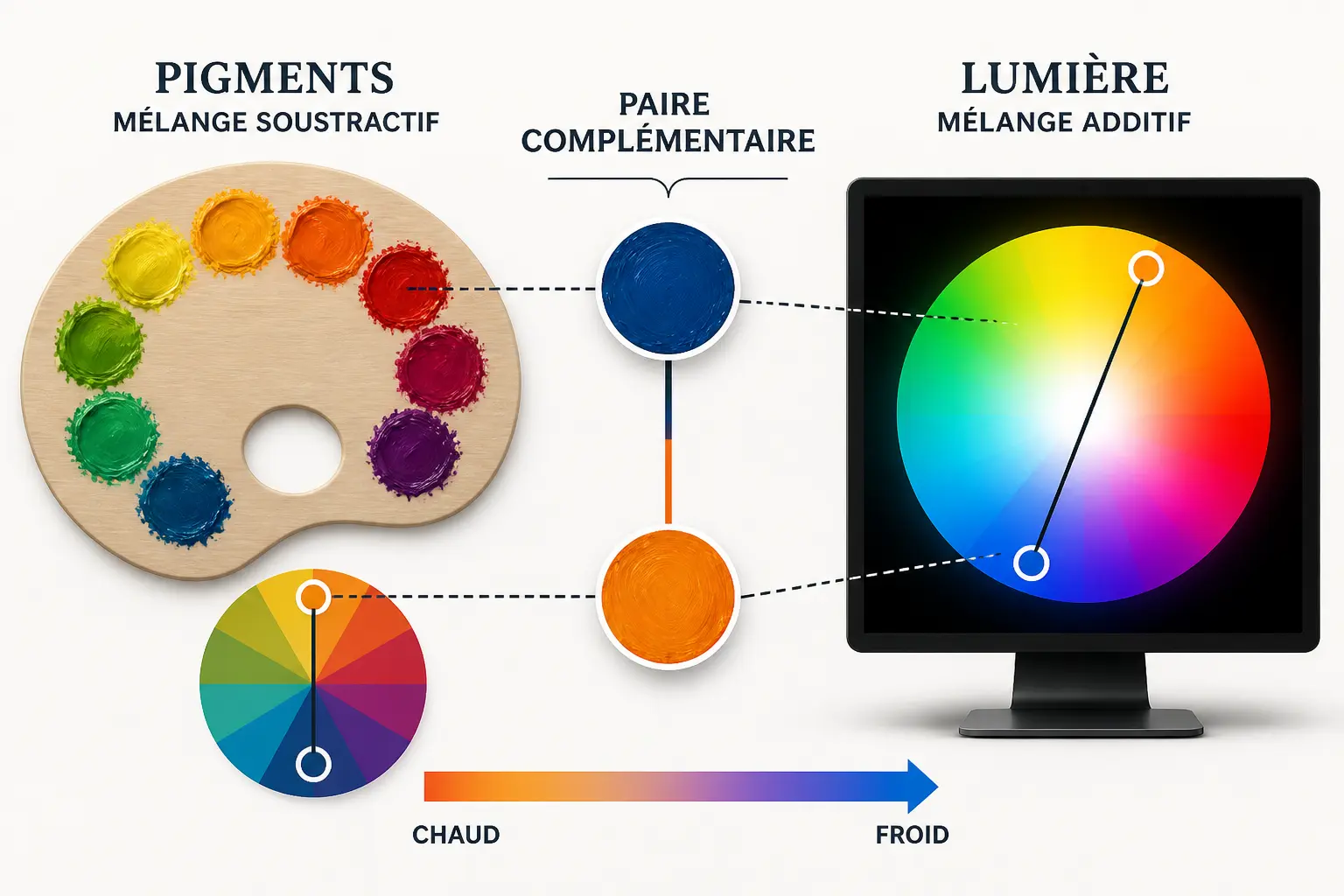 Couleurs complémentaires : roue chromatique sur palette et écran, bleu profond et orange opposés.