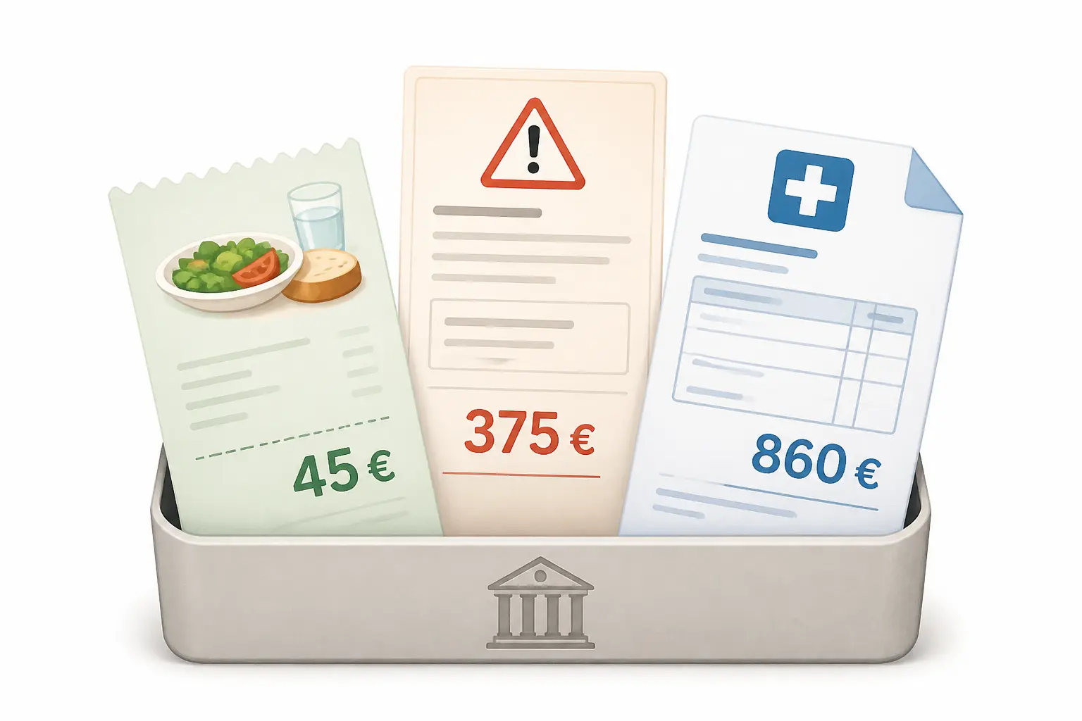 Trois creances publiques illustrées : facture de cantine, amende routière et facture hospitalière à payer.