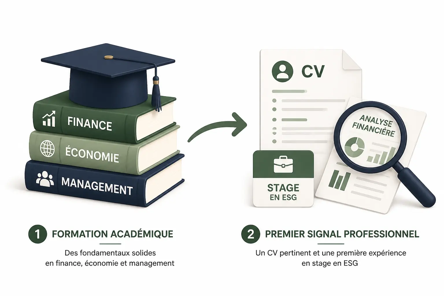 Parcours pour devenir analyste ESG : livres, diplôme, CV, badge de stage et rapport financier.