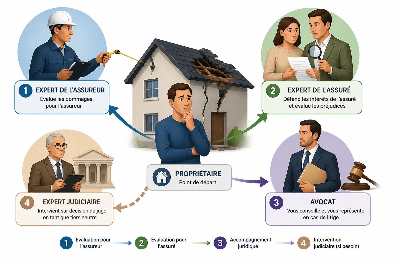 Comparatif après sinistre : expert d'assuré, expert judiciaire et avocat autour d'une maison endommagée