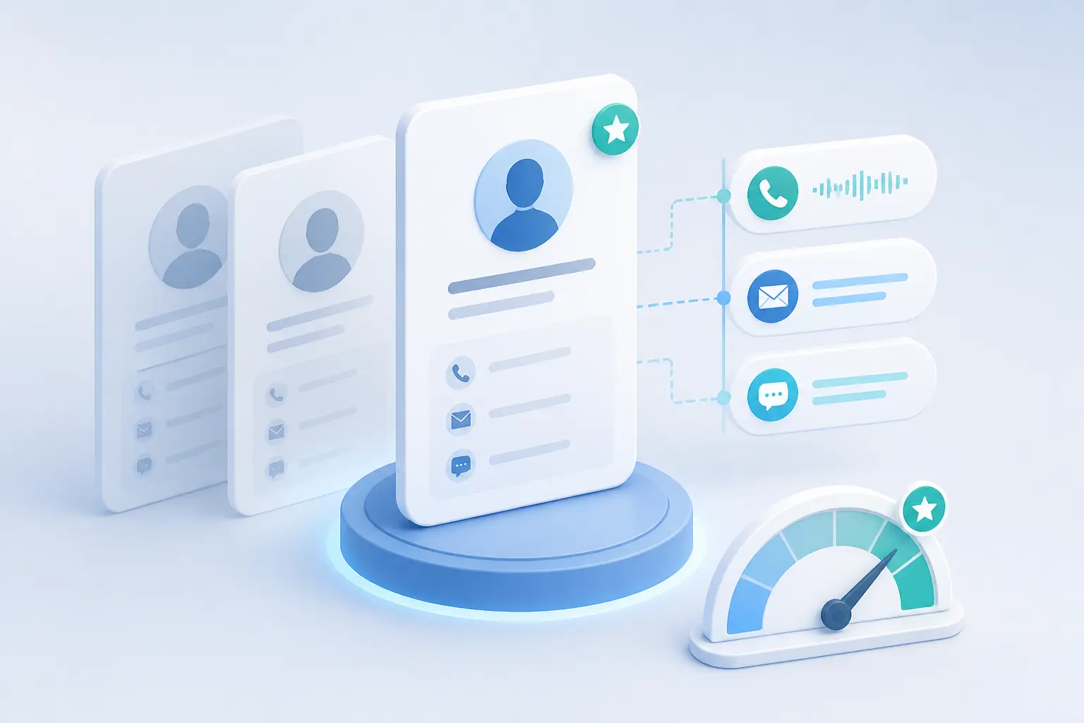 Fonctions CRM : fiche client centrale, doublons estompés, historique d’échanges et score de priorité.