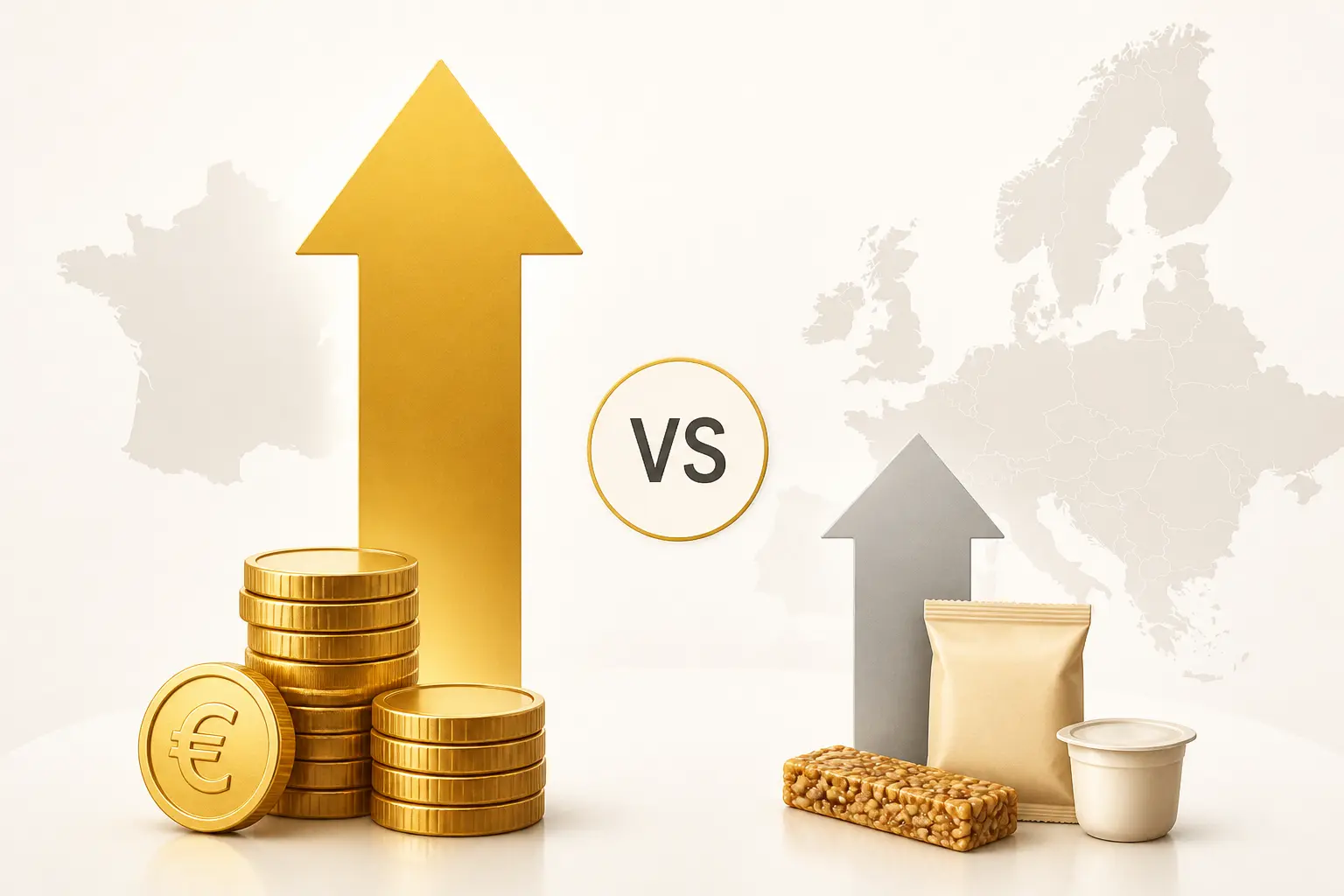 Marché du snacking en France : comparaison valeur vs volume avec flèche or et flèche grise, pièces euro.