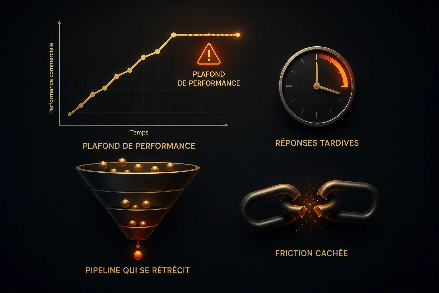 Organisation commerciale : courbe des ventes qui plafonne, pipeline réduit, alerte et délai de réponse.