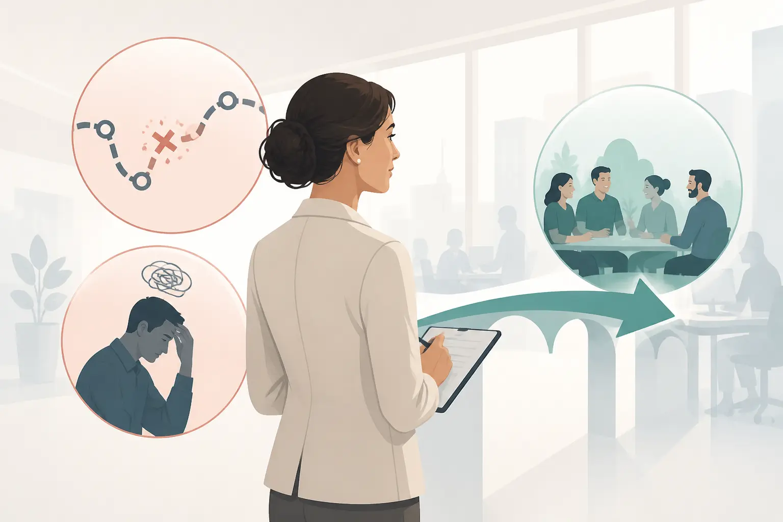Psychologie du travail : psychologue en entreprise observant une réorganisation, un parcours rompu et un salarié inquiet.