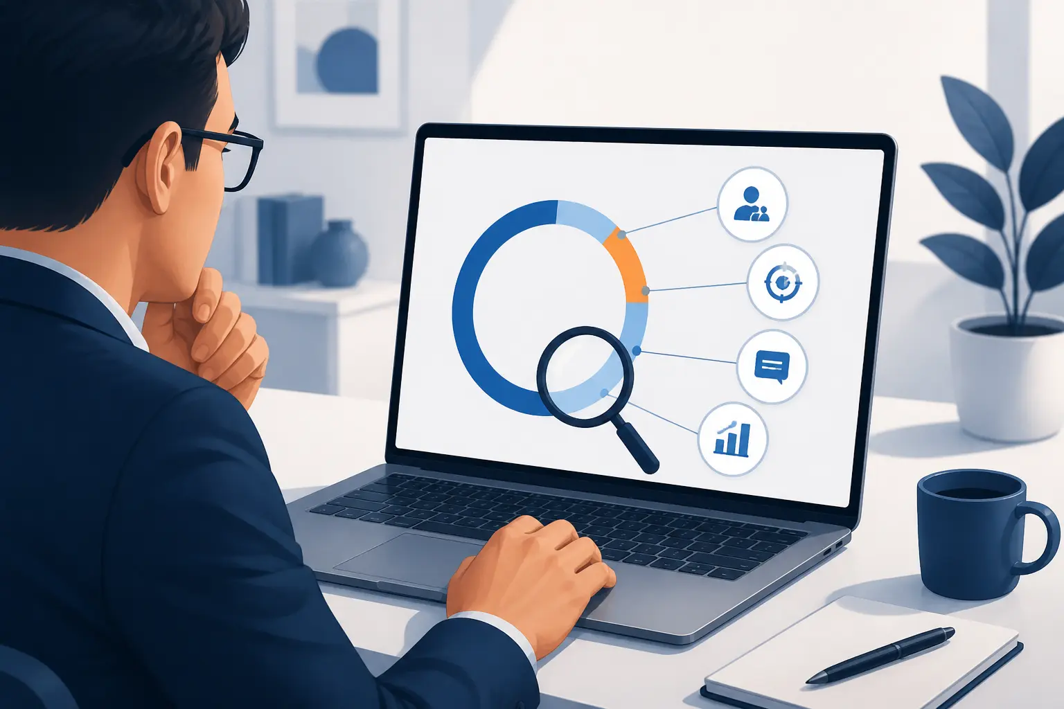 Professionnel consultant le social selling index sur un ordinateur portable, avec jauge circulaire et sous-scores reliés