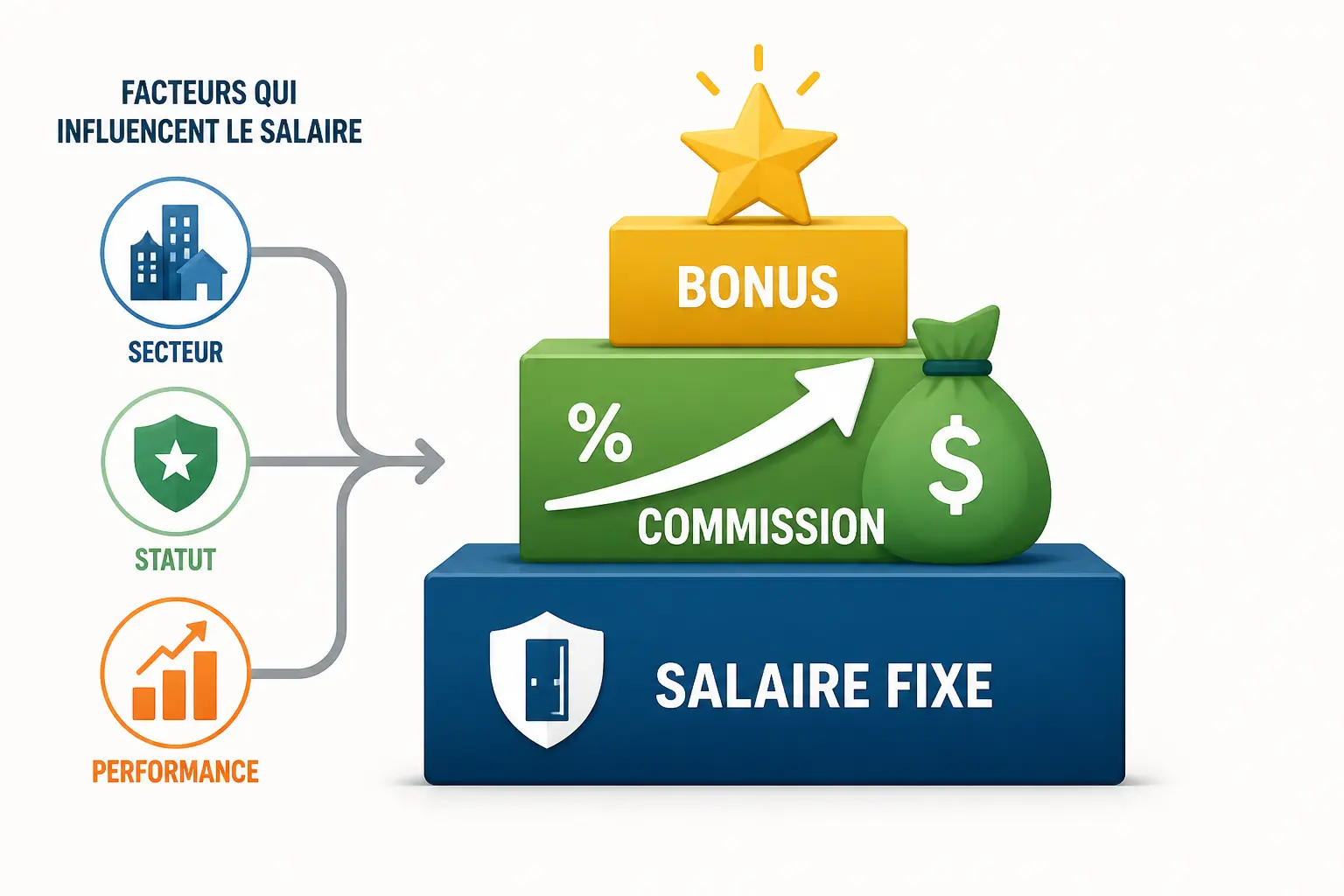 Infographie sur le salaire d’un vendeur porte a porte : base fixe, commission et bonus selon secteur, statut et performance.