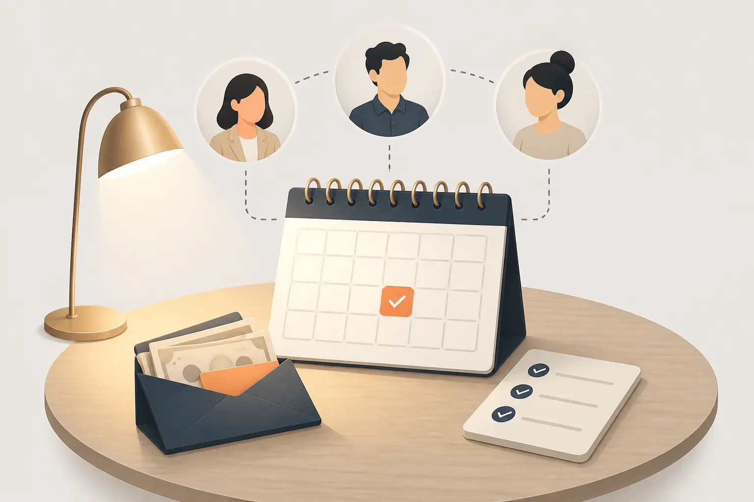 Afterwork : table de planification avec calendrier, budget, checklist et trois invités, ambiance organisée.