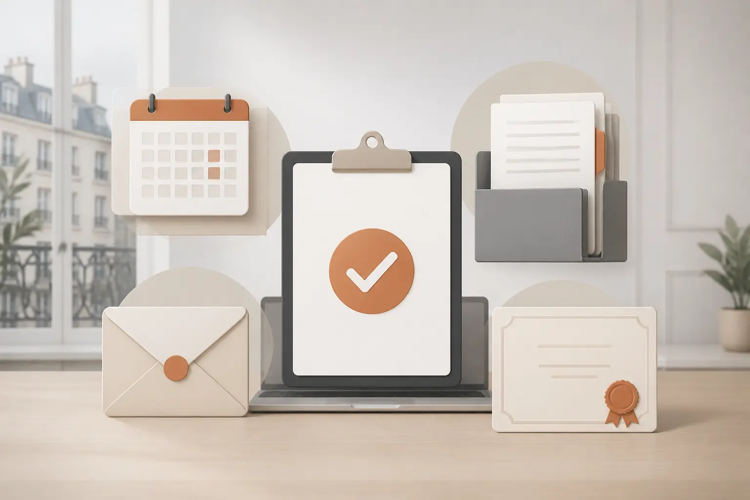 Assistant administratif : illustration d’un poste organisé avec calendrier, dossiers, enveloppe et diplôme.