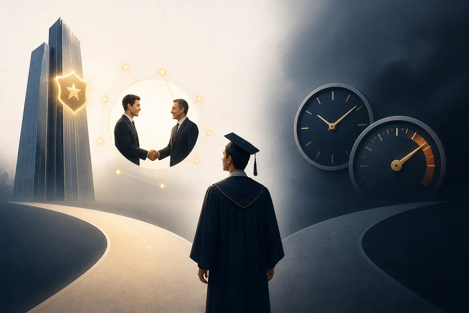 Jeune diplômé à un carrefour entre prestige big four, mentorat et pression du rythme de travail.