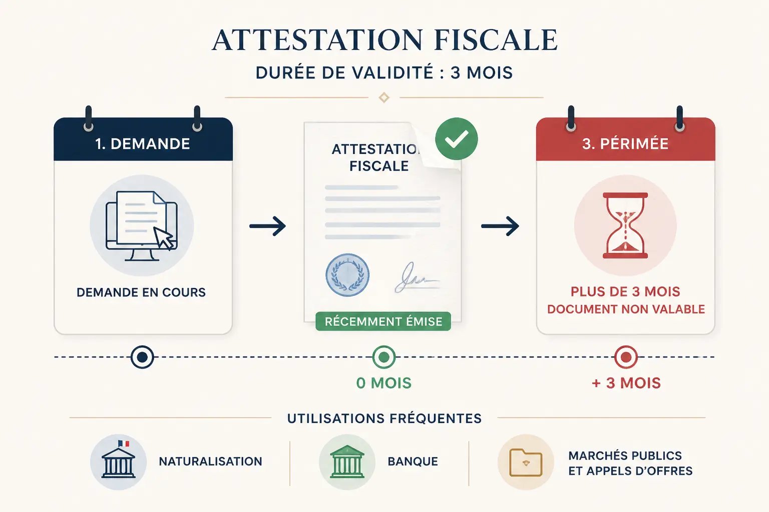 Bordereau de situation fiscale : frise de validité avec demande, émission récente et expiration à trois mois.