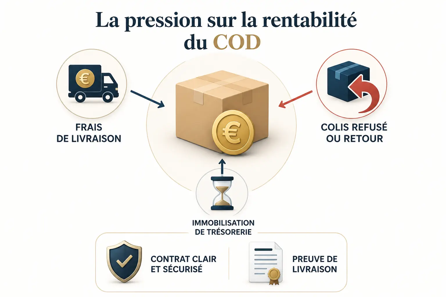 Cash on delivery : colis central, frais de livraison, retour refusé et sablier de trésorerie, avec bouclier contractuel.
