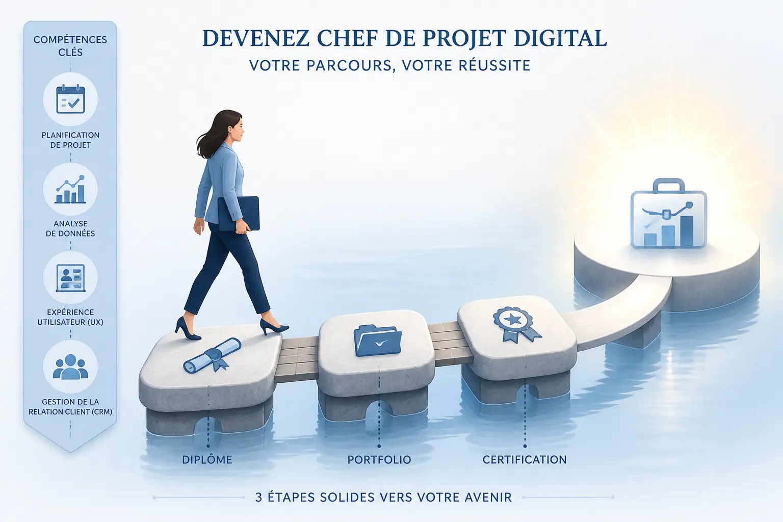 Chef de projet digital traversant un pont de compétences vers un objectif, avec diplôme, portfolio et certification.