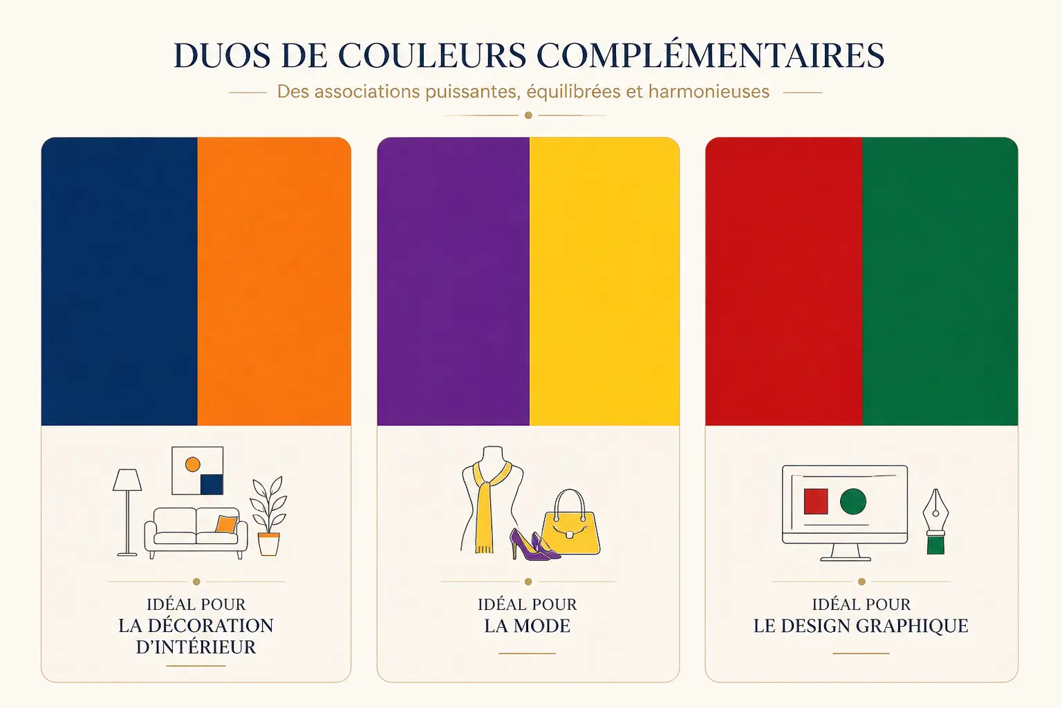 Infographie claire sur les couleurs complémentaires : bleu et orange, violet et jaune, rouge et vert.