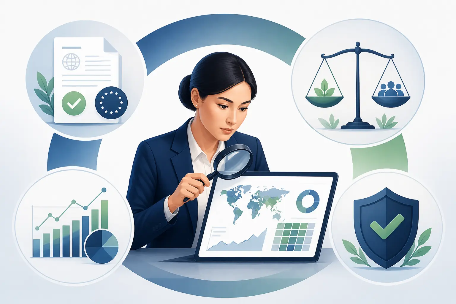 Devenir analyste ESG : professionnel examinant un tableau de risques, avec conformité, double matérialité, données et gestion des risques.