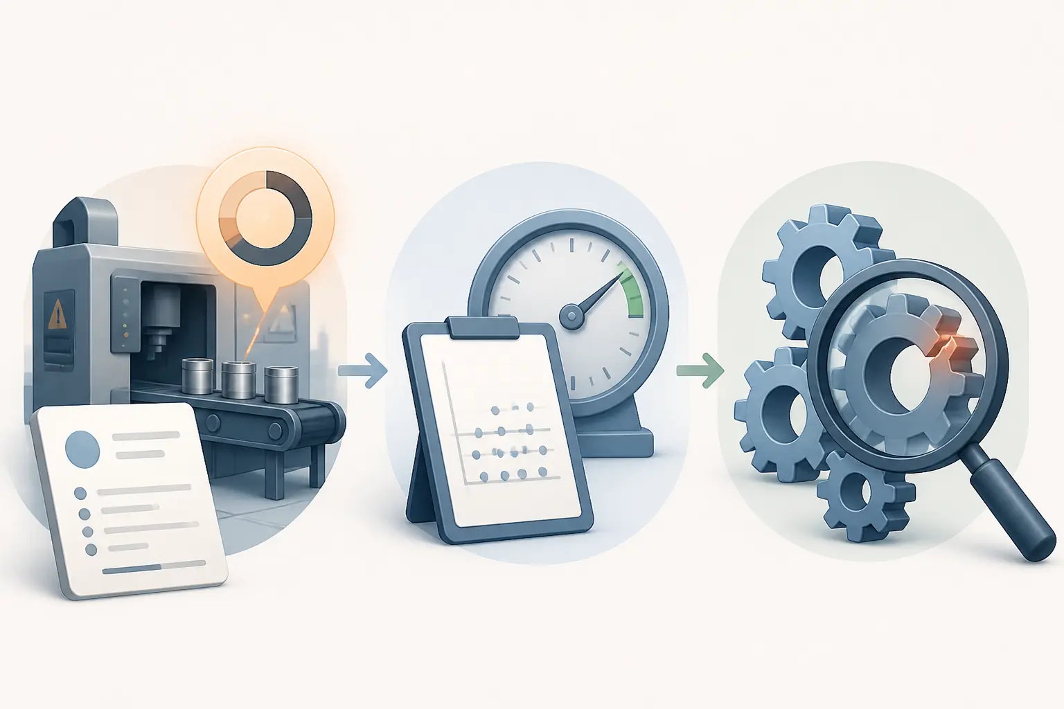 Illustration dmaic : machine défectueuse, mesure des données et analyse de cause racine en progression.