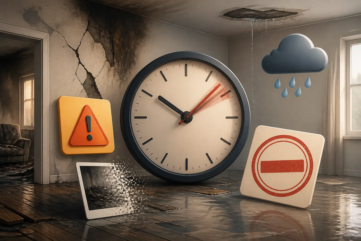 Expert d'assuré face à un sinistre habitation urgent : horloge, mur fissuré, sol inondé et alerte délai.
