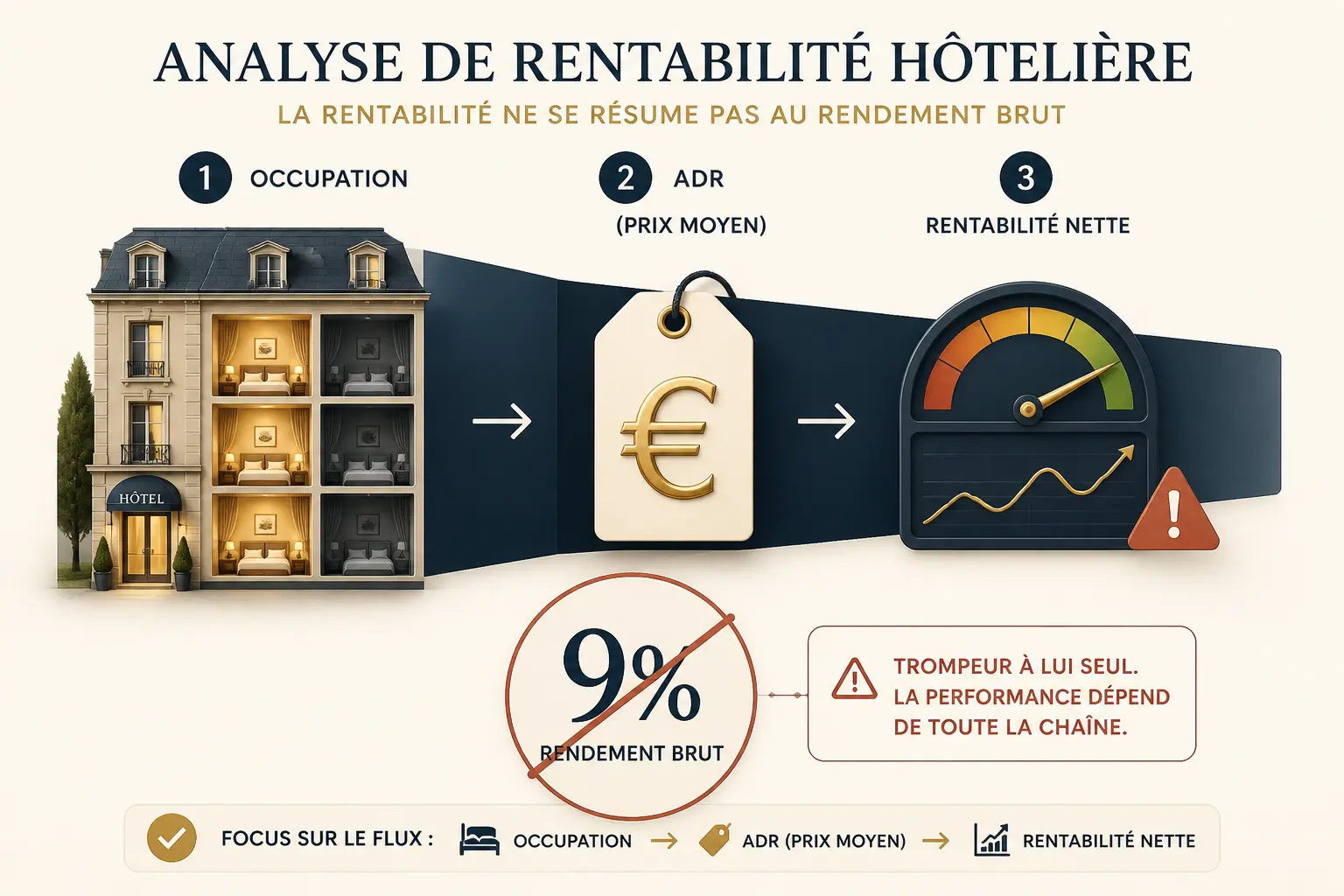 Investir hôtellerie : infographie sur la rentabilité d’un hôtel, de l’occupation au tarif moyen puis au profit net.
