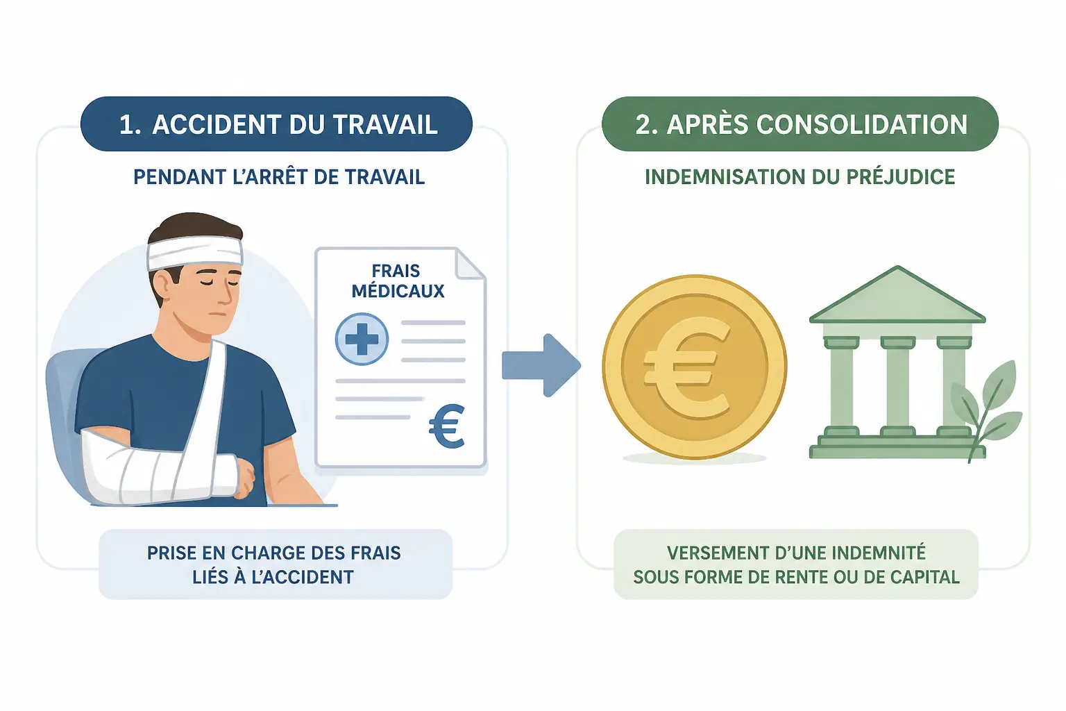 Nouvelle loi sur les accidents du travail : indemnisation pendant l’arrêt puis après consolidation, en deux étapes.