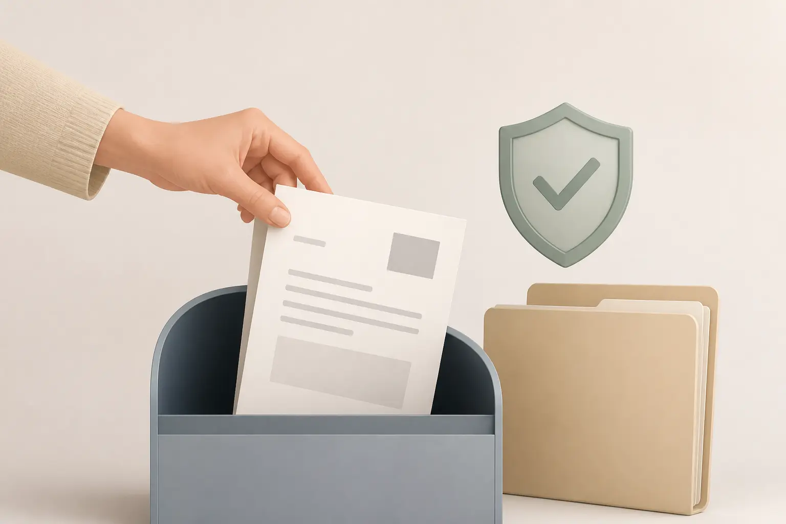 Main d’un dirigeant rangeant une facture suspecte, avec dossier et bouclier, pour le registre des sociétés européennes.