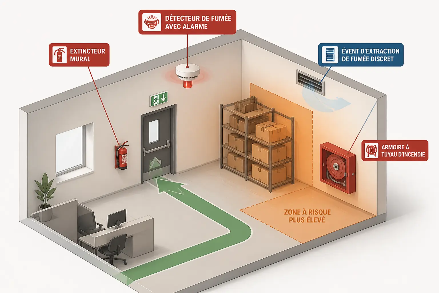 Sécurité incendie entreprise : schéma isométrique d’un bureau avec extincteur, détecteur, RIA et ventilation.