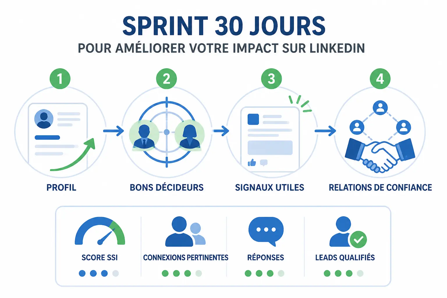Social selling index : roadmap LinkedIn en 4 étapes pour profil, décideurs, signaux utiles et relations de confiance.