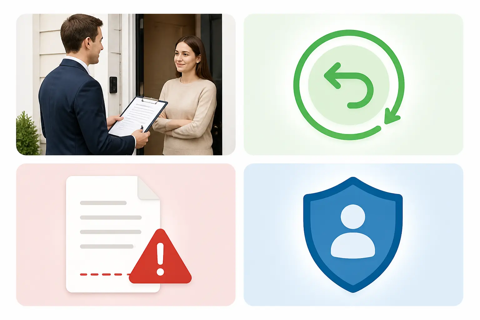 Vendeur porte a porte devant une entrée, contrat, droit de rétractation et bouclier de protection juridique.